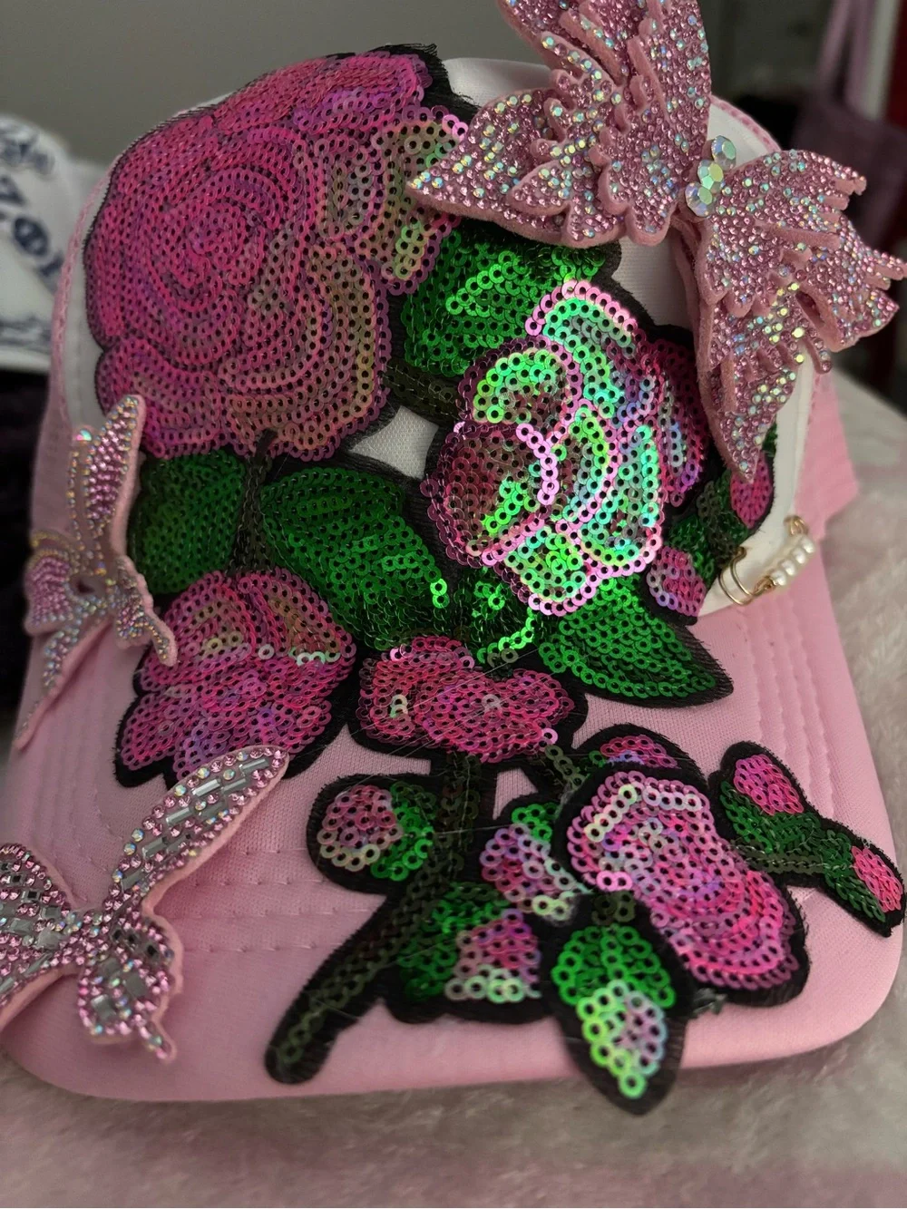 Pink Sequin Floral Cap with Rhinestone Butterflies